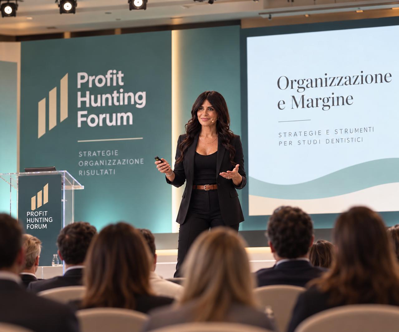 Cristina Costantini sul palco del Profit Hunting Forum davanti alla platea