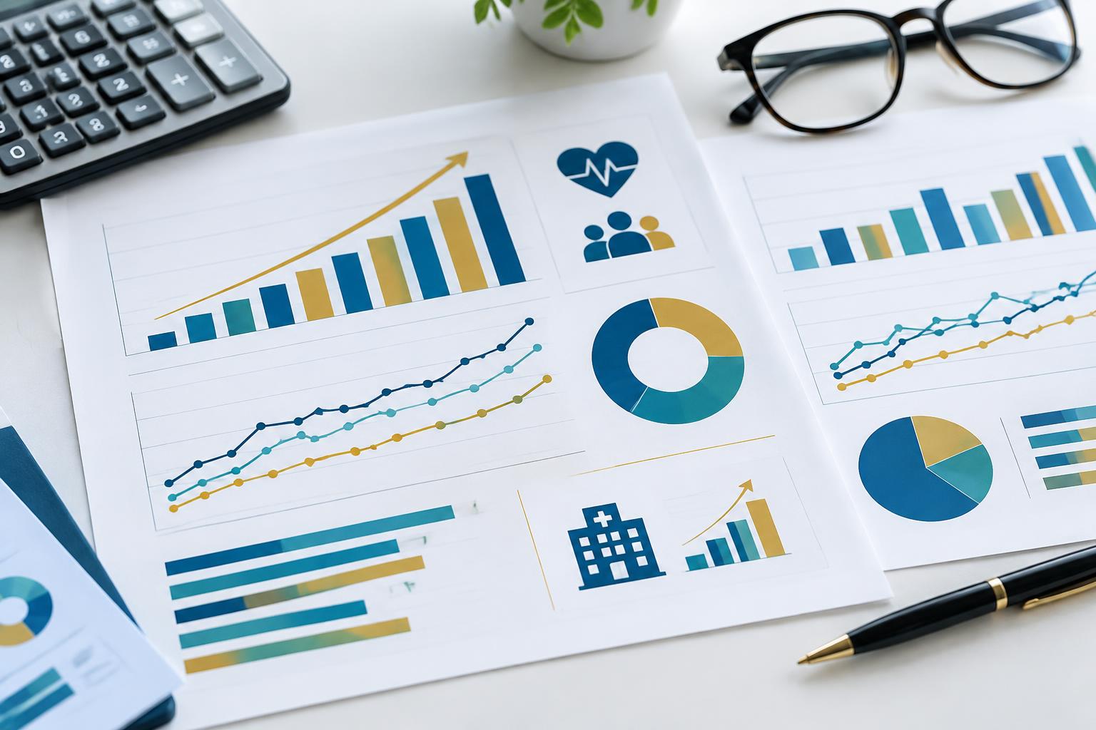 Report illustrativi con grafici a barre e curve di crescita per l'analisi delle performance sanitarie