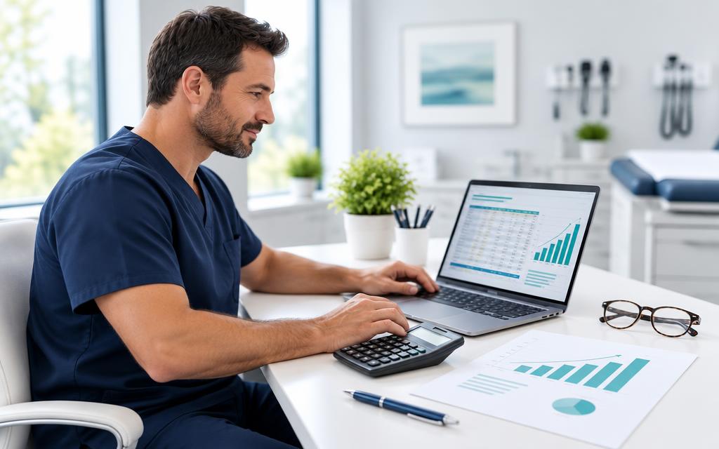 Dottore in divisa medica che calcola la marginalità dello studio al computer