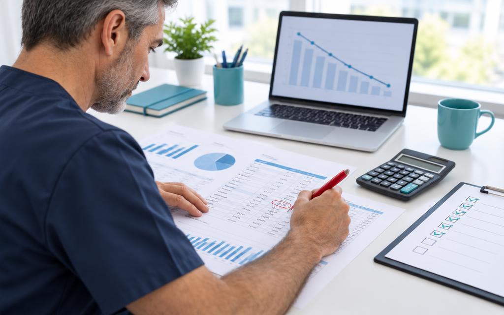 Dottore brizzolato in divisa medica che revisiona i costi e le inefficienze dello studio al computer